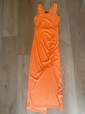 Sleeveless Orange Ruched-Side Maxi Dress